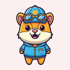 Naklejka premium Cartoon hamster wearing blue jacket and cap with sunglasses blue cap