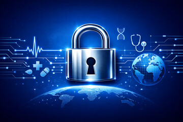 Digital Lock Security and Healthcare Icons on Earth Background