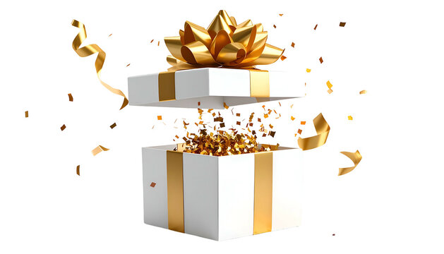 White gift box with golden ribbon and confetti exploding from inside on black