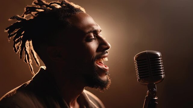 A heartfelt performance unfolds as a soulful black male singer captivates the audience. Bathed in warm light, he pours his emotions into each note, creating a magical atmosphere