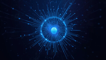 Fototapeta premium Glowing blue digital brain with radiating circuit lines creating futuristic neural network energy