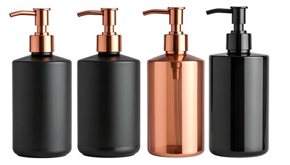 Obraz premium Four sleek pump bottles, varying shades of black and copper, isolated on black