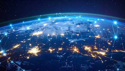 Earth at night with glowing city lights and connected glowing lines simulating a global network view