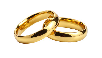 A pair of golden wedding rings isolated on white symbolizes a 3d jewelry celebration of love and marriage for a married couple's ceremony