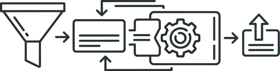 Obraz premium Business process optimization flowchart with funnel gear and upload icons for workflow automation and efficiency improvement in corporate operations