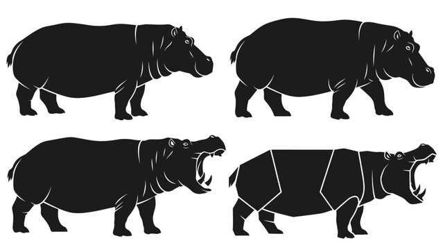 Set of four hippo silhouettes in different styles, clean vector illustrations.