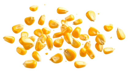 Bright, golden kernels of corn, scattered against a black background