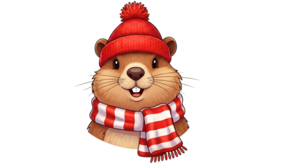 Groundhog day character isolated on transparent background with scarf and hat