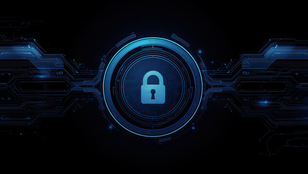 Digital lock icon security shield in blue circuit background expressing data protection and trust