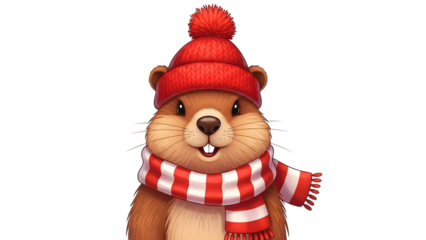 Groundhog day isolated character on transparent background wearing red scarf
