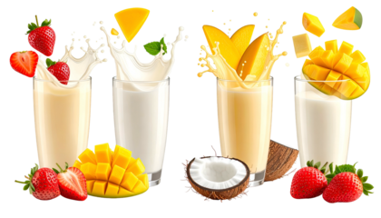 Four vibrant smoothies featuring strawberries, mango, and coconut, with splashes