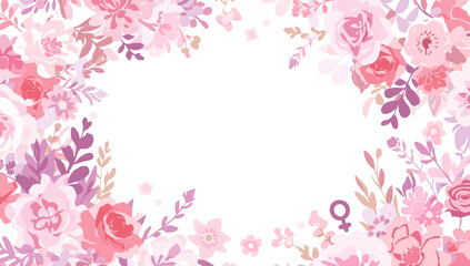 Fototapeta premium Delicate pink floral frame with roses and blossoms, soft feminine mood and empty center for text