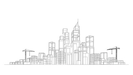 Fototapeta premium Modern cityscape with skyscrapers and cranes in urban development