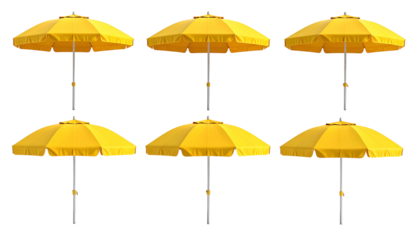 Six vibrant yellow patio umbrellas against a stark black background, neatly aligned