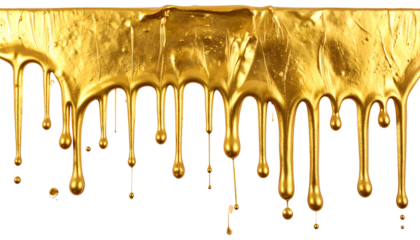 Metallic gold paint drips and textures against a black background