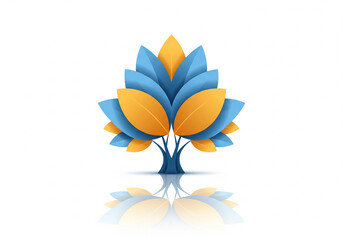 stylized tree vector illustration with blue and golden yellow leaves with soft shadows.
