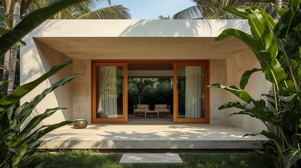 Modern tropical outdoor living space with wooden furniture