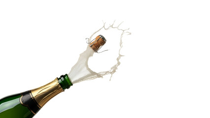 Green champagne bottle with cork popping and liquid splashing against black background