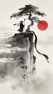 Ink Wash Painting of a Lone Swordsman Standing on a Cliff Peak with a Greeting Pine and Red Sun, Capturing Traditional Chinese Chivalry and Landscape Aesthetics