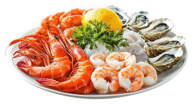 A plate of assorted seafood including shrimp, oysters, and prawns on transparent background