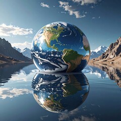 Earth globe rests on tranquil water, mirroring a clear sky, against a mountain backdrop, scenic and peaceful view