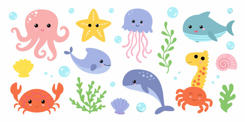 Fototapeta premium Cute cartoon underwater creatures including jellyfish octopus whales and colorful fish