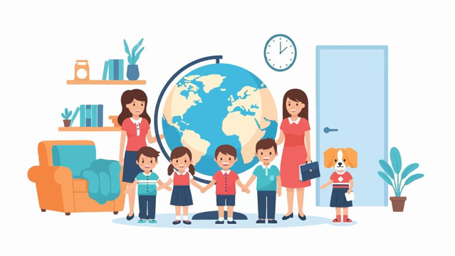 Two women and children, a dog, a globe, and a clock in a classroom with a door