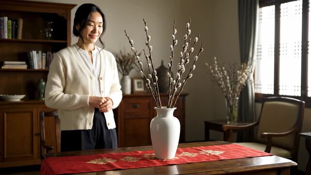 Chinese New Year decoration with pussy willows and a woman preparing the vase