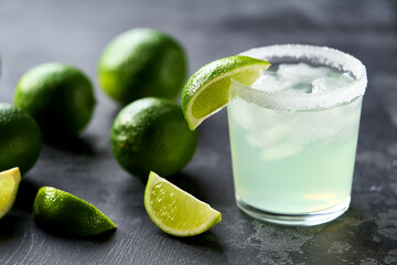 Classic lime margarita cocktail with sliced and whole limes sitting on a black table.