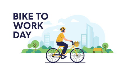 Person in yellow shirt and helmet riding bicycle to work in city park with buildings in background for eco-friendly travel and transport.