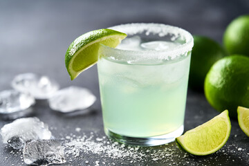 classic margarita cocktail garnished with lime and salt rim on a black table, selective focus.