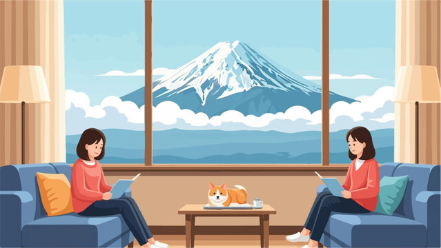 Two women read books on couches, with a corgi and a mountain view