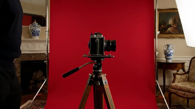 Vintage Camera on Tripod Against Red Backdrop, Filming Setup