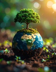 Earth globe sprouts a vibrant tree atop rich soil, blurring into a soft, bokeh-lit forest backdrop