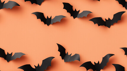 Festive Halloween Flat Lay With Black Paper Bats On Pastel Orange Background