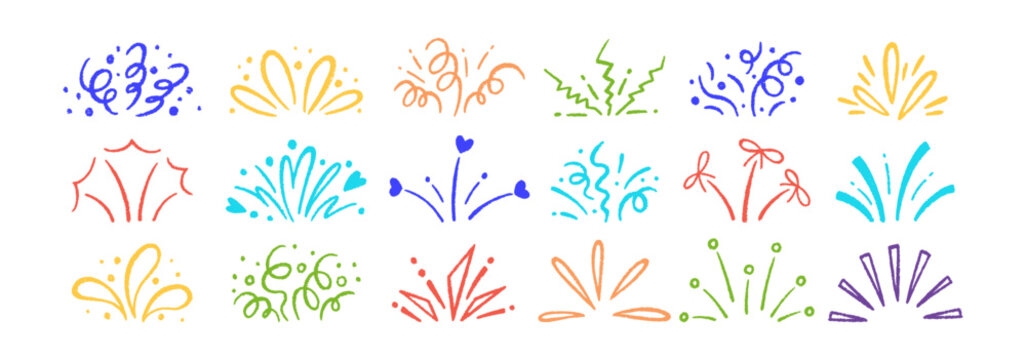 Crayon confetti illustrations with hand-drawn stars, confetti and festive sparkles. Playful doodle background featuring colorful celebration fireworks. Color Vector illustration.