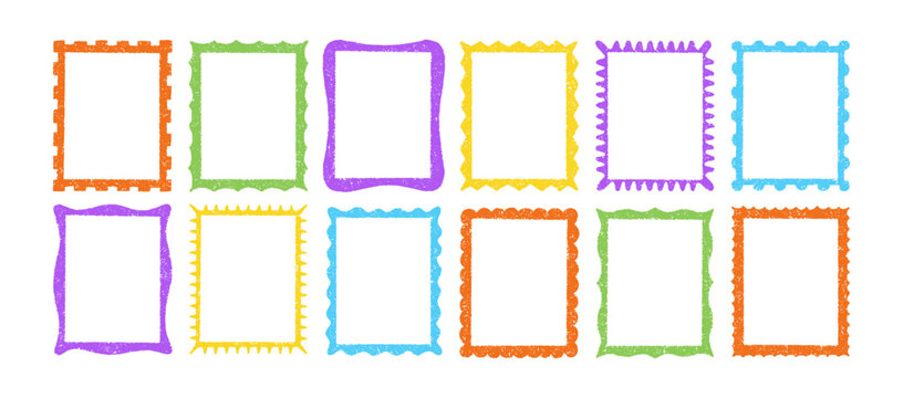 Colorful crayon frames and doodle borders with childish charm. Hand-drawn boxes perfect for creative designs, school projects, and playful text layouts. Color vector illustration.