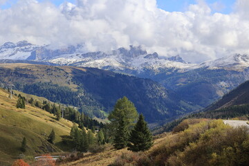 Fototapeta premium Dolomite landscape at Sass Pordoi - Pordoi Pass- Strada Statale 48 delle Dolomiti, South Tyrol, Italy