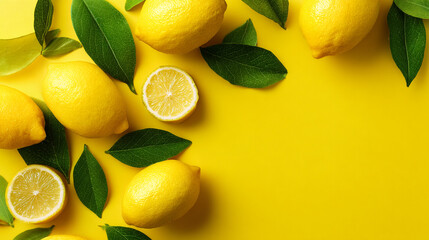 Fresh Yellow Lemons and Green Leaves Flat Lay on Bright Yellow Background with Copy Space