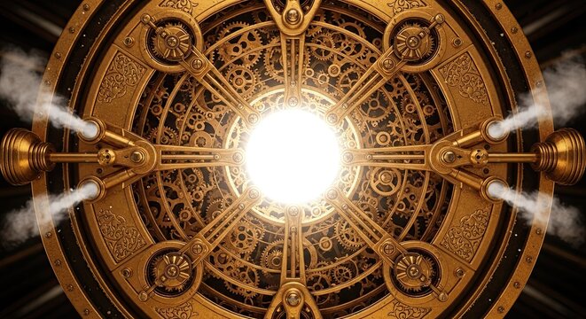 Intricate steampunk clockwork mechanism with central light source and steam vents, a vintage