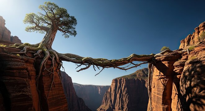 Resilient tree bridges dramatic canyon landscape showcasing nature's tenacity and endurance