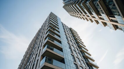 Fototapeta premium Upward view of modern apartment buildings with glass balconies