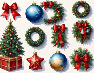 Festive assortment. Holiday decorations bow, ornament, tree, wreath, star. Warm, cheerful. White background. Soft shadows