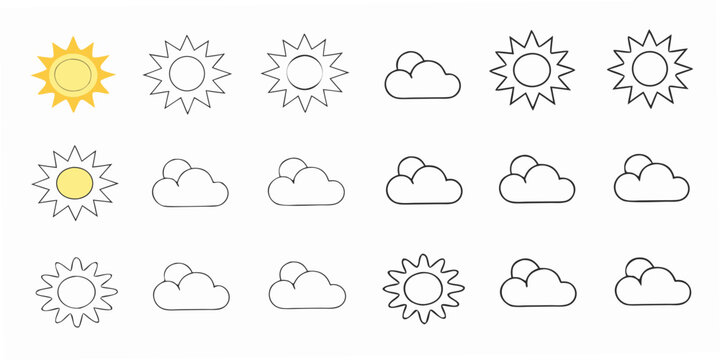 A collection of weather icons depicting suns and clouds in varying styles