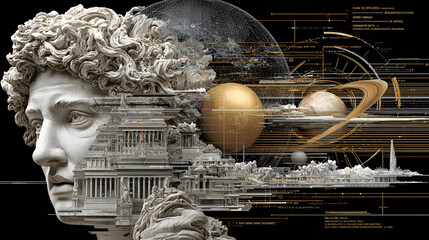  Classical marble bust integrated with futuristic data elements, golden cosmic spheres, and ancient architectural structures on black