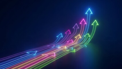 Rising multicolored arrows trajectory in a dark environment viewed from a low angle