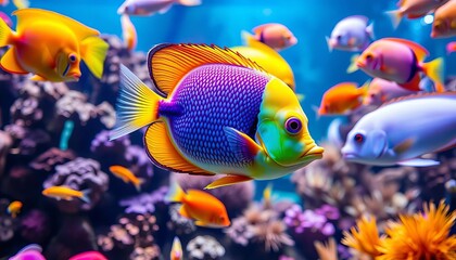 Vibrant tropical fish, diverse species in aquarium, marine, clownfish