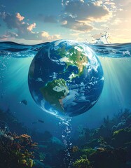 Earth under the sea with blue sky and fluffy clouds, surreal scene, depicting beauty and environmental themes