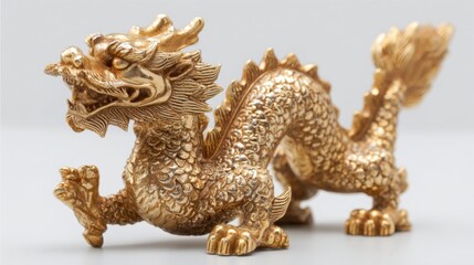 Golden Chinese dragon figurine with detailed carving isolated on light background symbolizing power