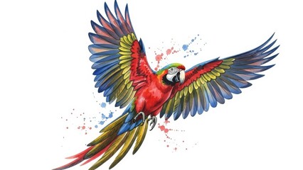 Obraz premium Colorful parrot in mid-flight, wings spread wide, showcasing vibrant plumage from a dynamic, close-up perspective.